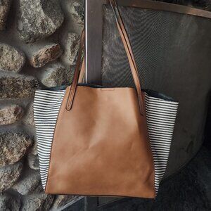 Lily & Ivy Brown Vegan Leather & Striped Canvas Tote Bag